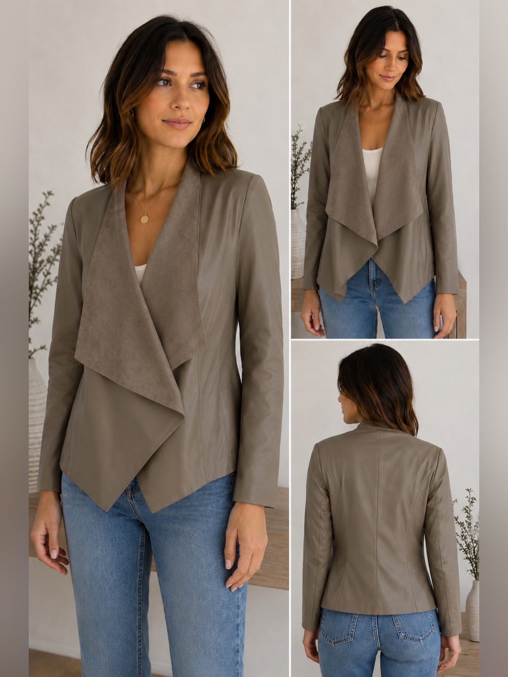 Zara Basic Collection Vegan Faux Leather Drape Front Jacket Taupe Size L